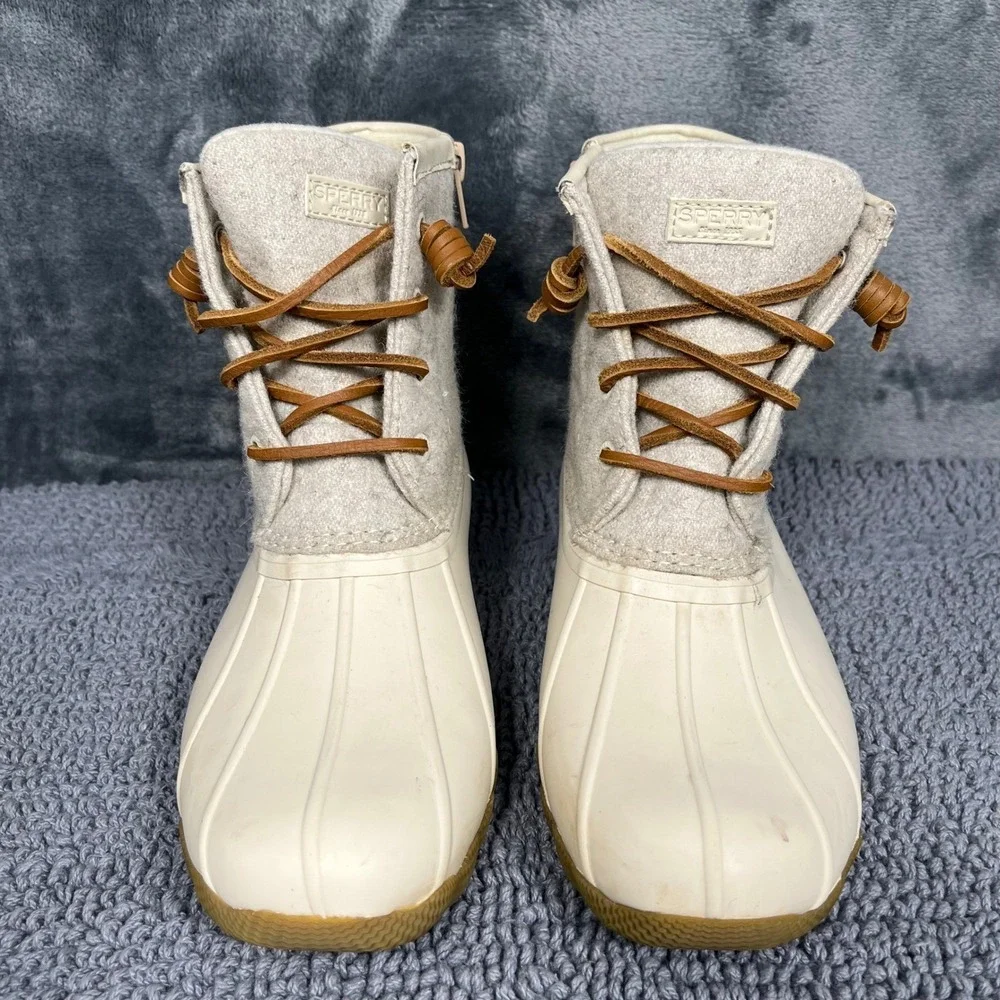 Sperry Saltwater Duck Boots Youth 4M Cream Grey Wool Textile STK163619